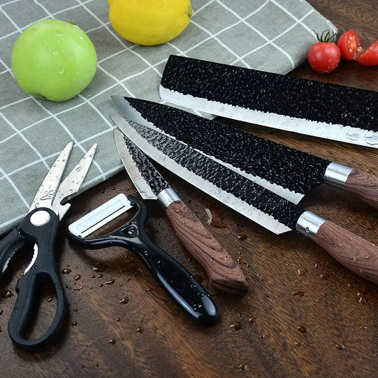 Set Cuchillos Cocina Acero Inoxidable + Pelador + Tijera Negro