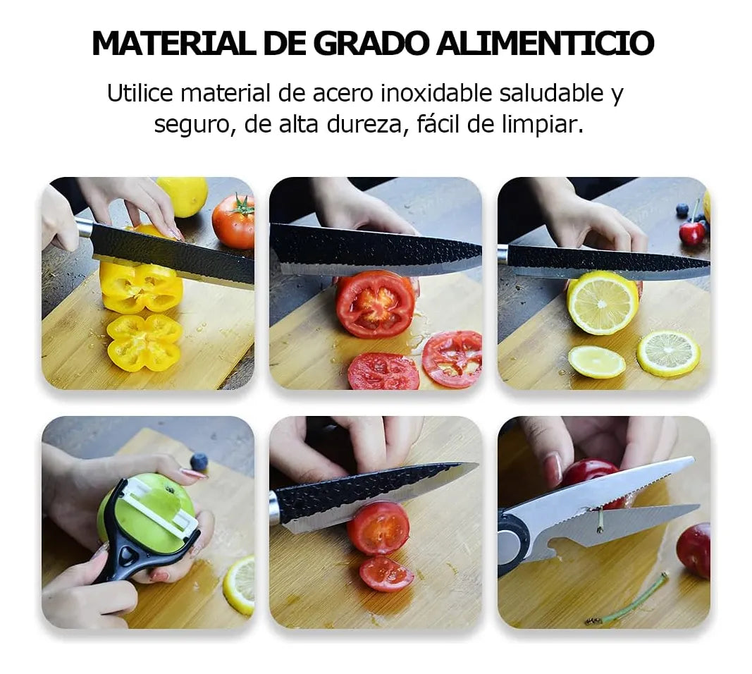 Set Cuchillos Cocina Acero Inoxidable + Pelador + Tijera Negro