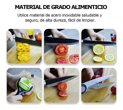 Set Cuchillos Cocina Acero Inoxidable + Pelador + Tijera Negro
